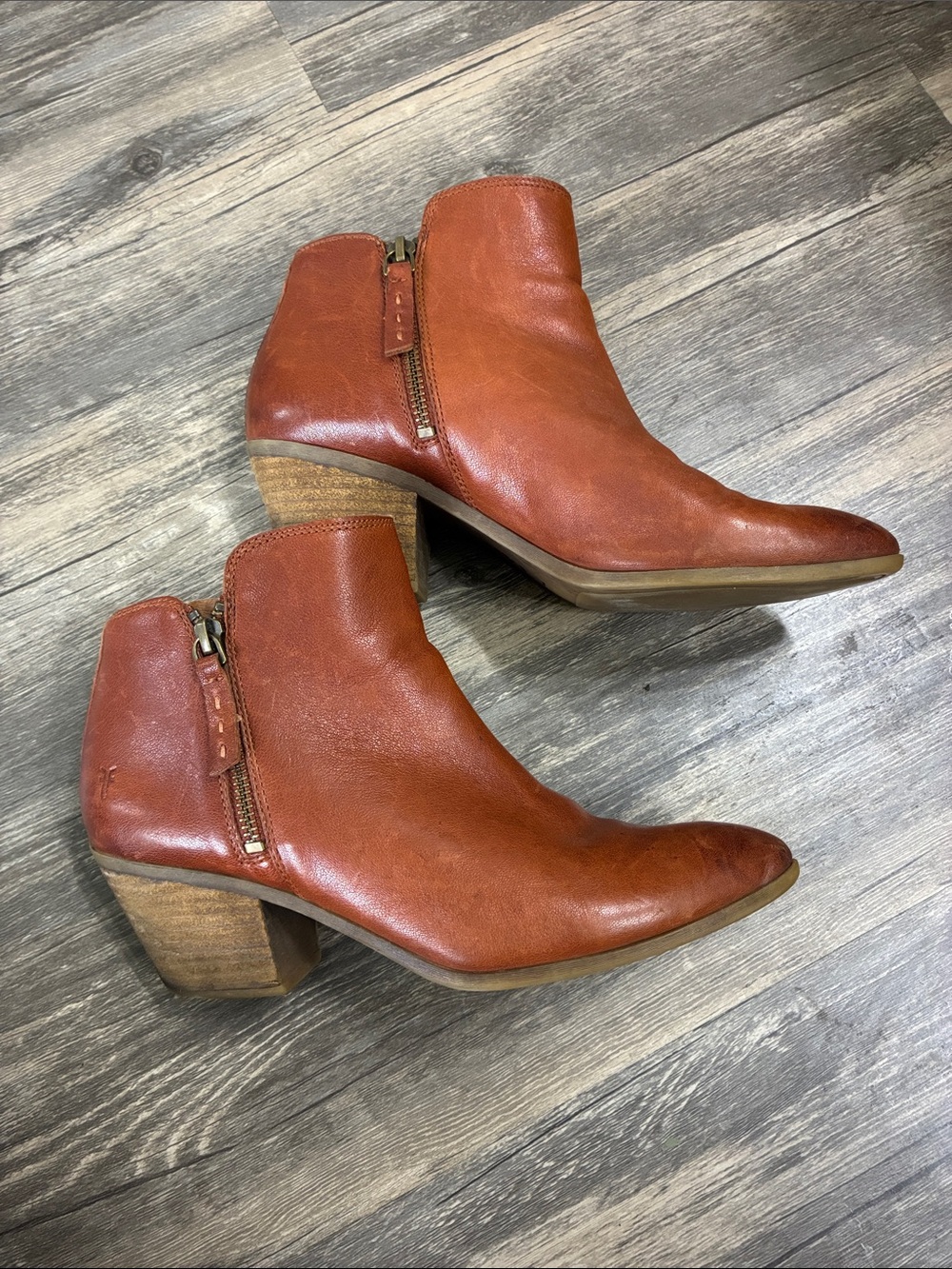 Frye Cognac Judith Leather Ankle Booties with double zippers
